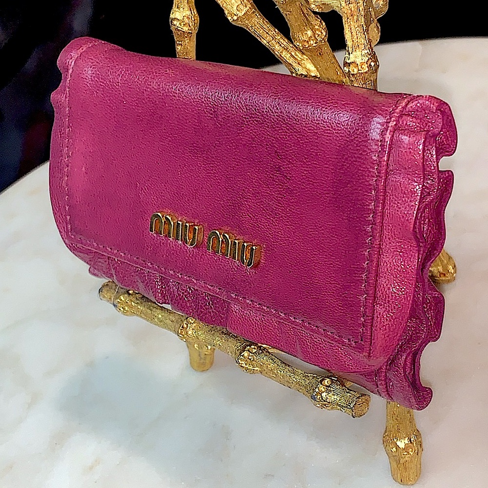 MIU MIU KEY CARD HOLDER BEGONIA LEATHER RUFFLES MADE IN ITALY